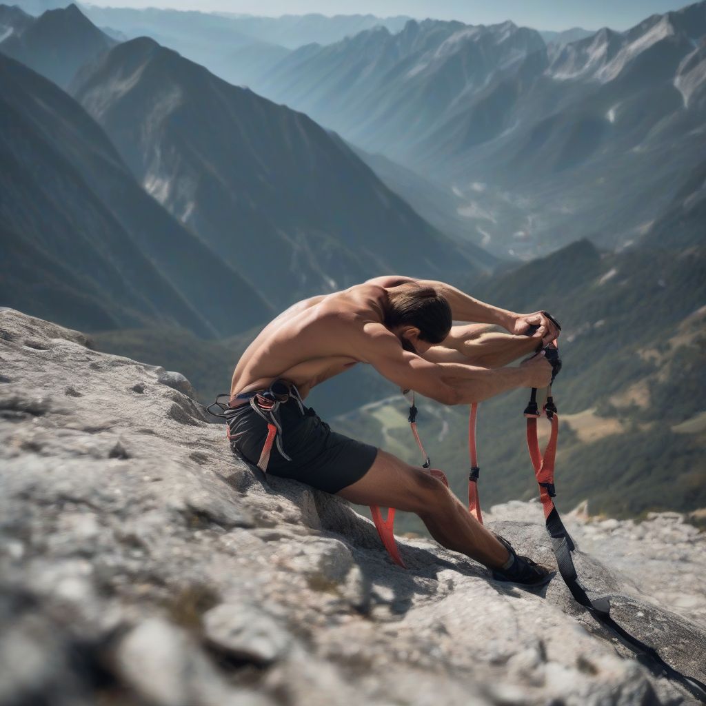 Climber Stretching on Mountain